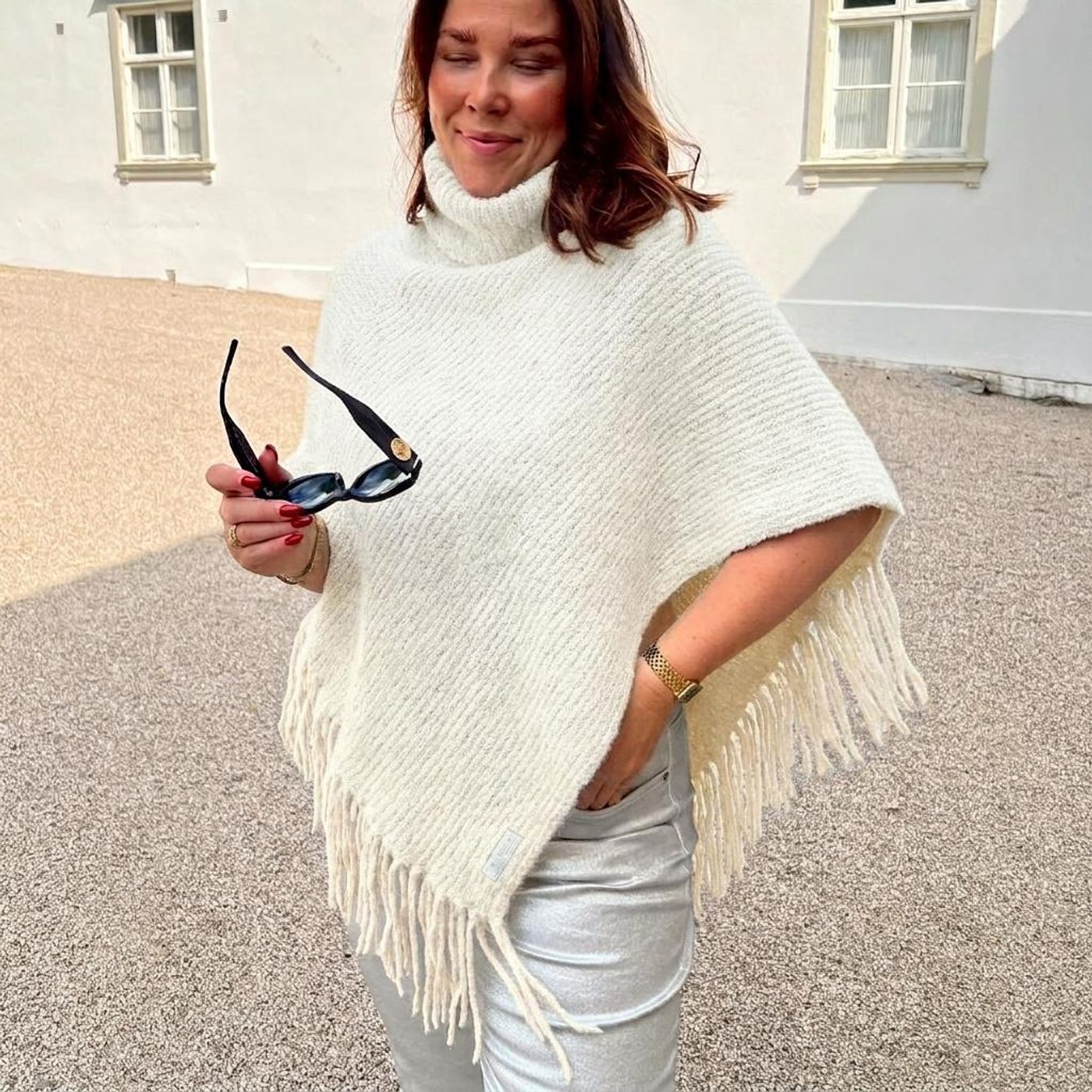 Morild Fringe Poncho med refleks, krem